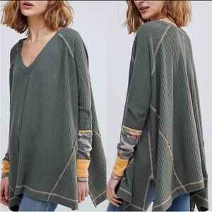 Free People Lovin Leopard Moss Green Thermal V-Neck Long Sleeve Knit Top